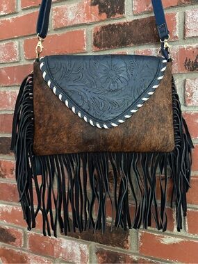Western Cowhide Navy Hand Tooled Leather Fringe Crossbody Bag Whipstitch
